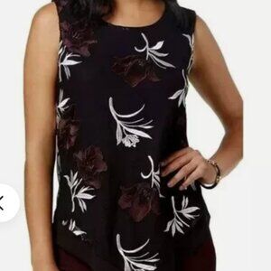 Alfani Women’s Top Blouse NWT Sz Petite S Black Embroidered Floral Mesh Overlay